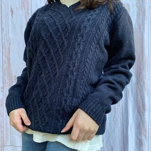 Vintage chunky navy blue cable knit marled  sweater size small cotton wool blend